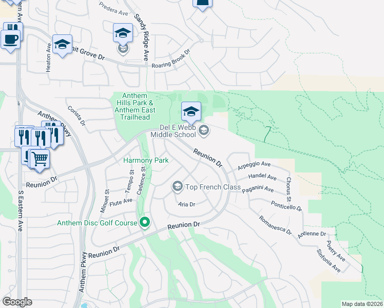 map of restaurants, bars, coffee shops, grocery stores, and more near 2294 Tedesca Drive in Henderson