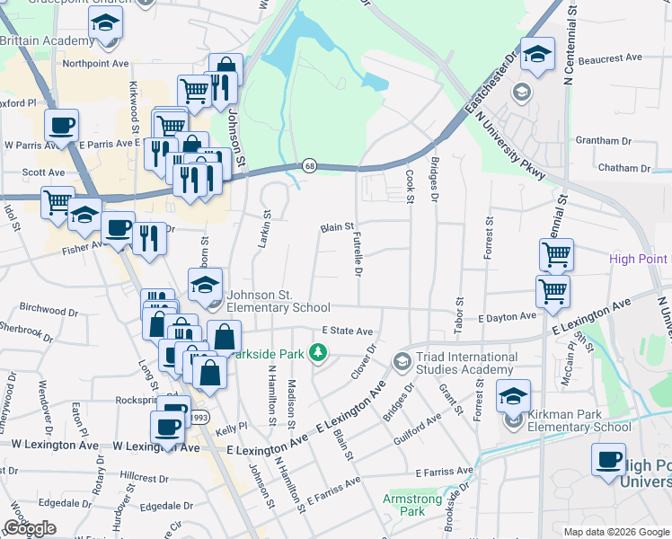 map of restaurants, bars, coffee shops, grocery stores, and more near 506 Marion Court in High Point