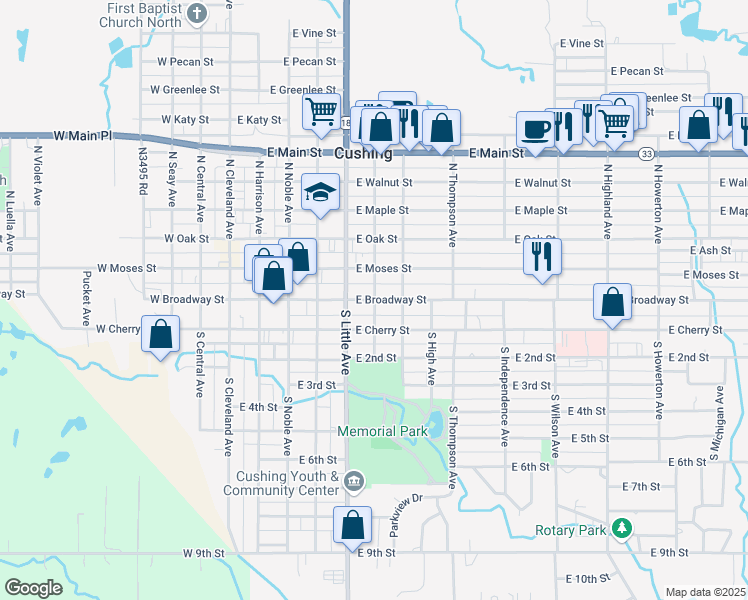 map of restaurants, bars, coffee shops, grocery stores, and more near 95 North Hough Avenue in Cushing