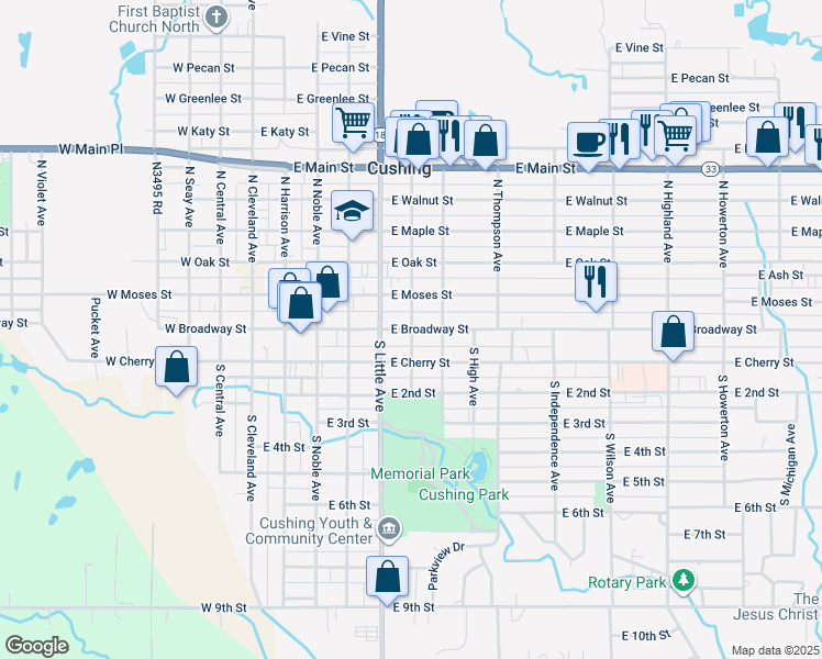 map of restaurants, bars, coffee shops, grocery stores, and more near 95 North Hough Avenue in Cushing