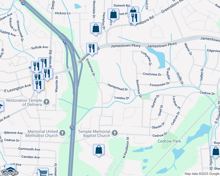 map of restaurants, bars, coffee shops, grocery stores, and more near 1413 Hampstead Drive in High Point