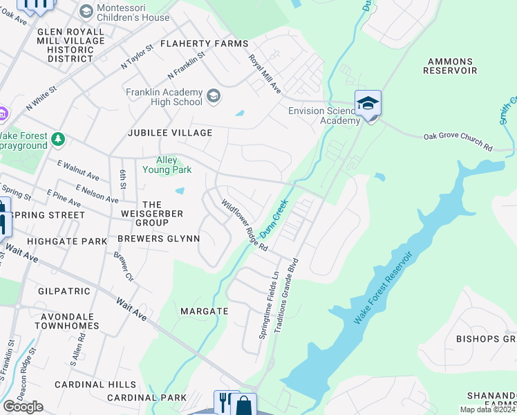 map of restaurants, bars, coffee shops, grocery stores, and more near 421 Nightingale Court in Wake Forest