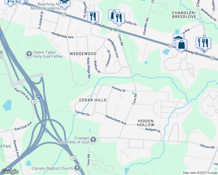 map of restaurants, bars, coffee shops, grocery stores, and more near 604 Lindley Drive in Durham