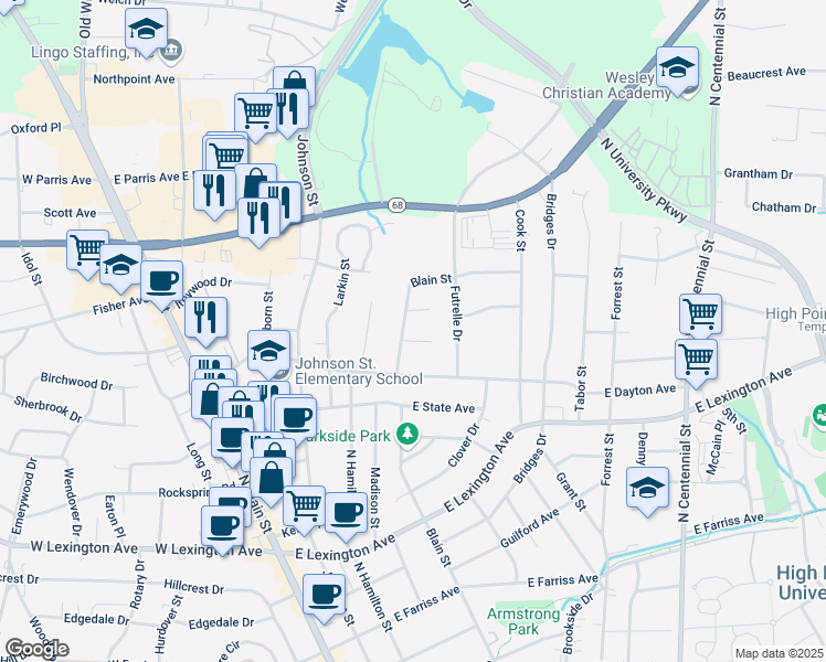 map of restaurants, bars, coffee shops, grocery stores, and more near 506 Marion Court in High Point