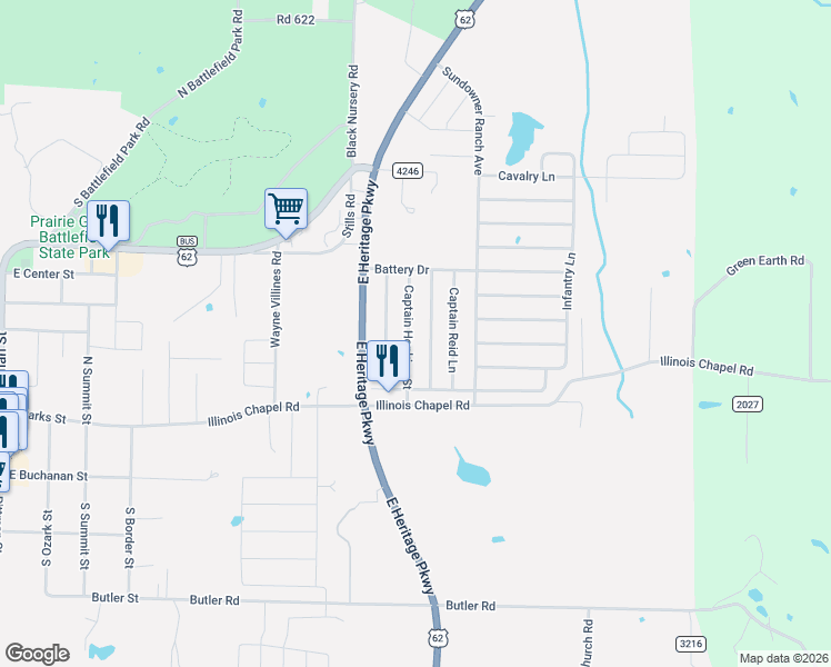 map of restaurants, bars, coffee shops, grocery stores, and more near 610 Captain Hopkins Street in Prairie Grove