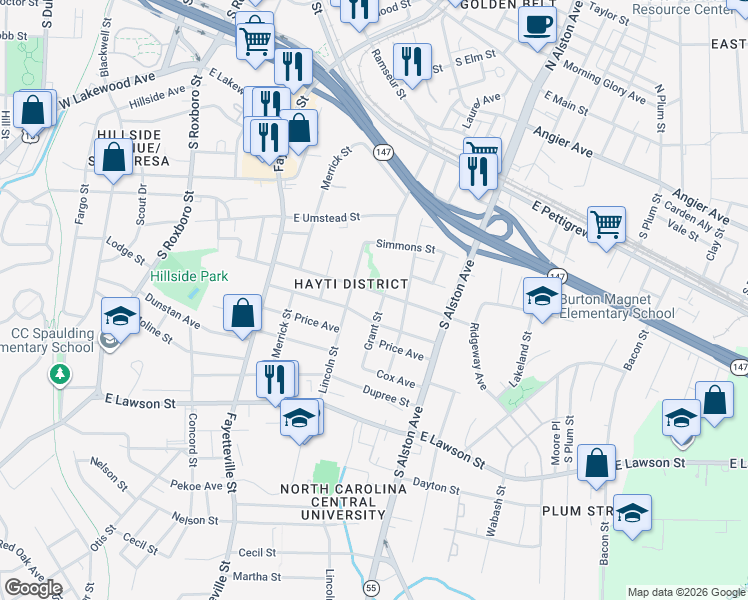 map of restaurants, bars, coffee shops, grocery stores, and more near in Durham