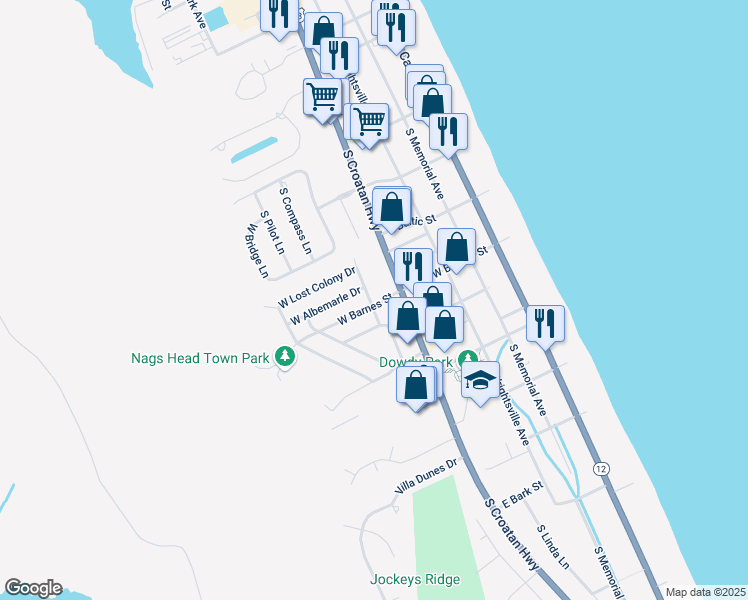 map of restaurants, bars, coffee shops, grocery stores, and more near 2713 South Meekins Avenue in Nags Head