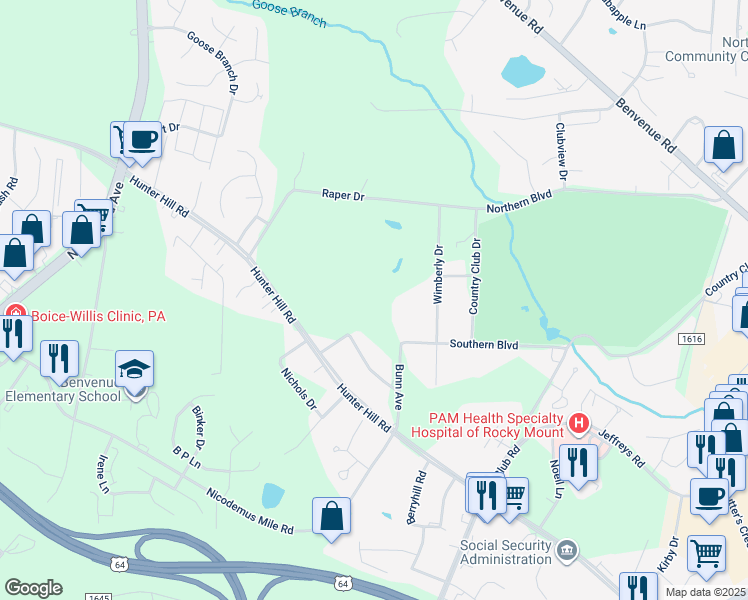 map of restaurants, bars, coffee shops, grocery stores, and more near Bunn Avenue in Rocky Mount