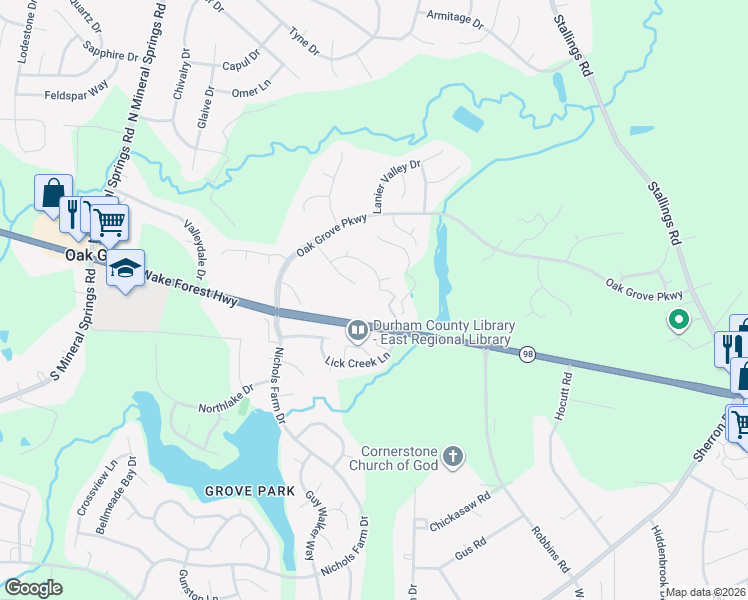 map of restaurants, bars, coffee shops, grocery stores, and more near 2 Spring Glen Court in Durham