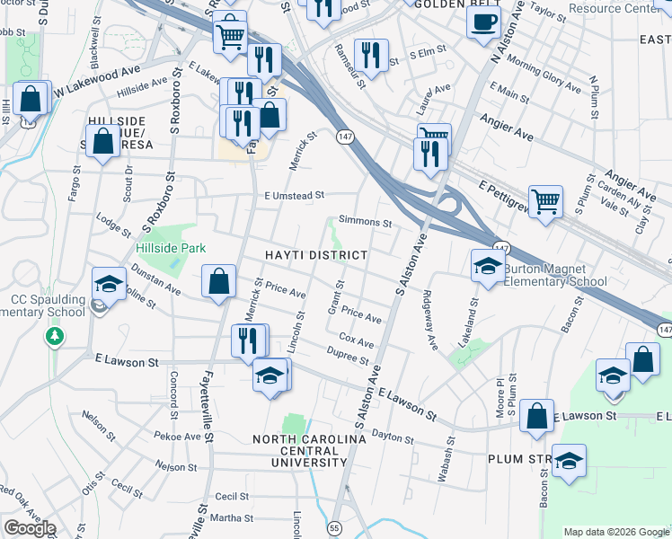 map of restaurants, bars, coffee shops, grocery stores, and more near in Durham