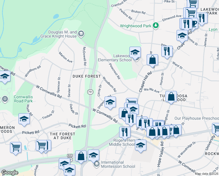 map of restaurants, bars, coffee shops, grocery stores, and more near 1114 Woodburn Road in Durham