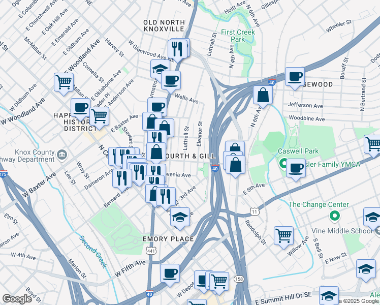 map of restaurants, bars, coffee shops, grocery stores, and more near 930 Luttrell Street in Knoxville