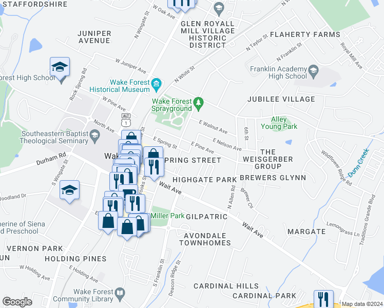 map of restaurants, bars, coffee shops, grocery stores, and more near 200 North Franklin Street in Wake Forest