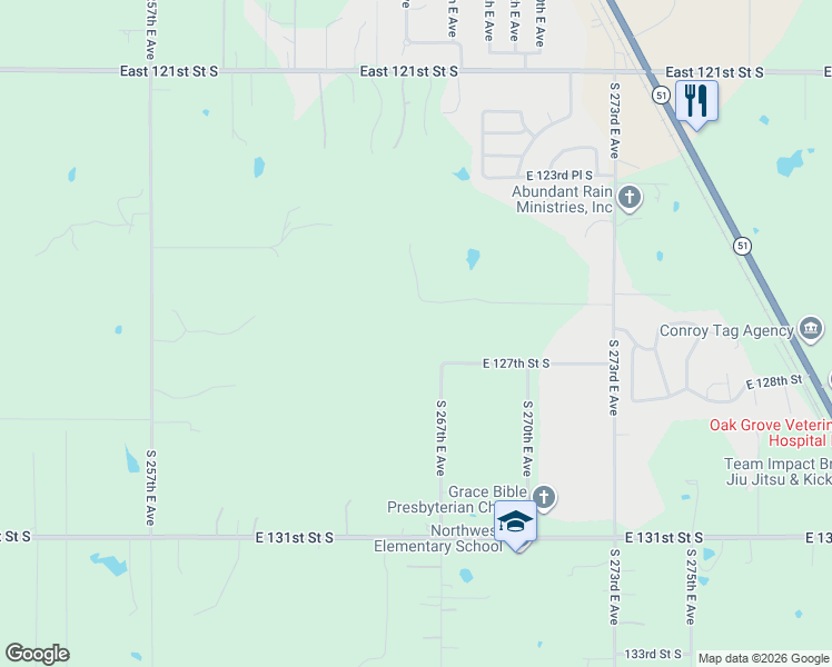 map of restaurants, bars, coffee shops, grocery stores, and more near 26701 East 127th Street South in Coweta