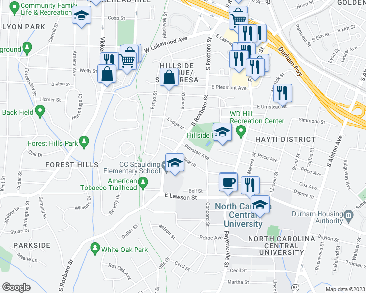 map of restaurants, bars, coffee shops, grocery stores, and more near 104 Dunstan Avenue in Durham