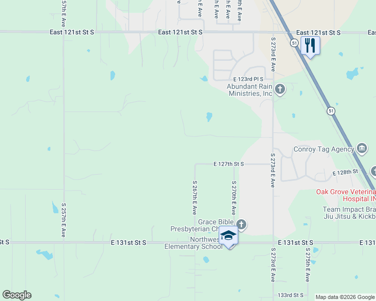 map of restaurants, bars, coffee shops, grocery stores, and more near 26701 E 127th Street South in Coweta