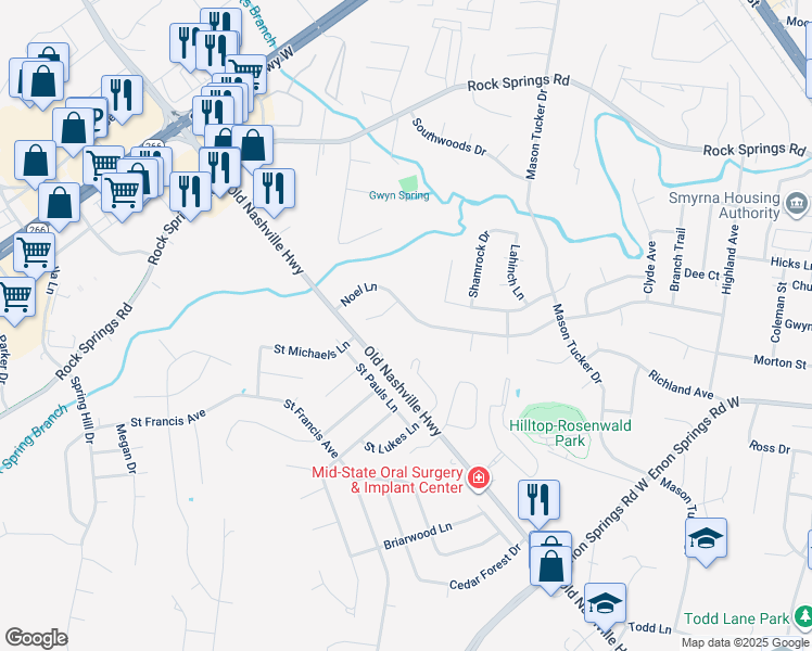 map of restaurants, bars, coffee shops, grocery stores, and more near 406 Noel Lane in Smyrna