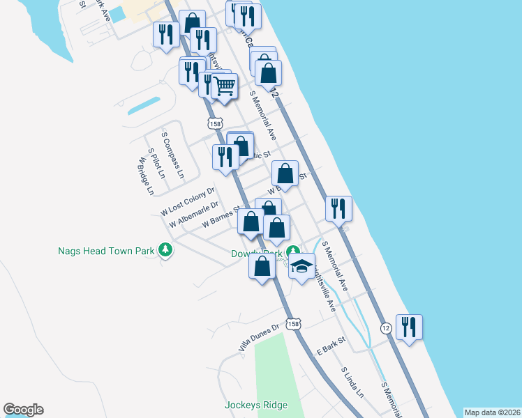map of restaurants, bars, coffee shops, grocery stores, and more near 2721 South Croatan Highway in Nags Head