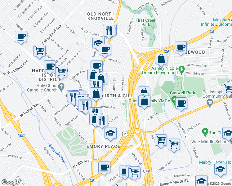 map of restaurants, bars, coffee shops, grocery stores, and more near 930 Luttrell Street in Knoxville
