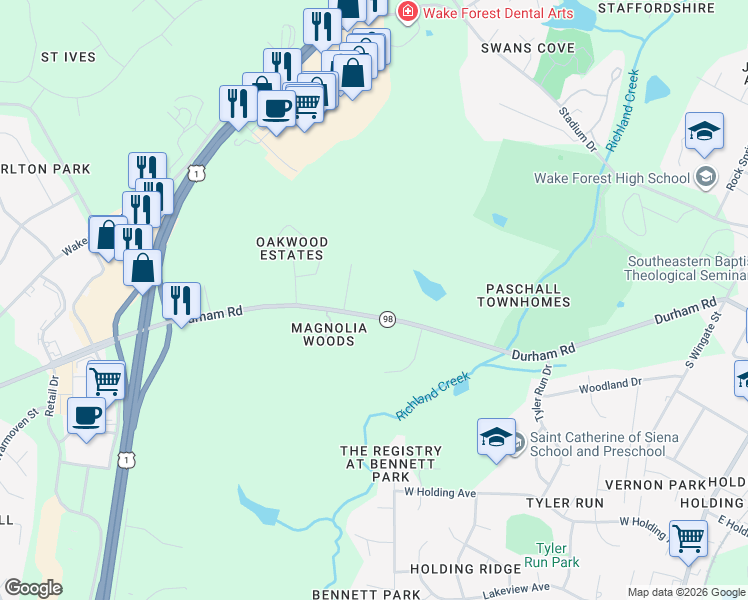 map of restaurants, bars, coffee shops, grocery stores, and more near 732 Durham Road in Wake Forest