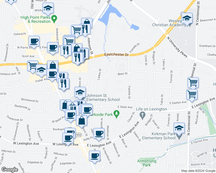 map of restaurants, bars, coffee shops, grocery stores, and more near 1620 North Hamilton Street in High Point