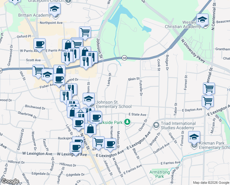 map of restaurants, bars, coffee shops, grocery stores, and more near 1627 North Hamilton Street in High Point