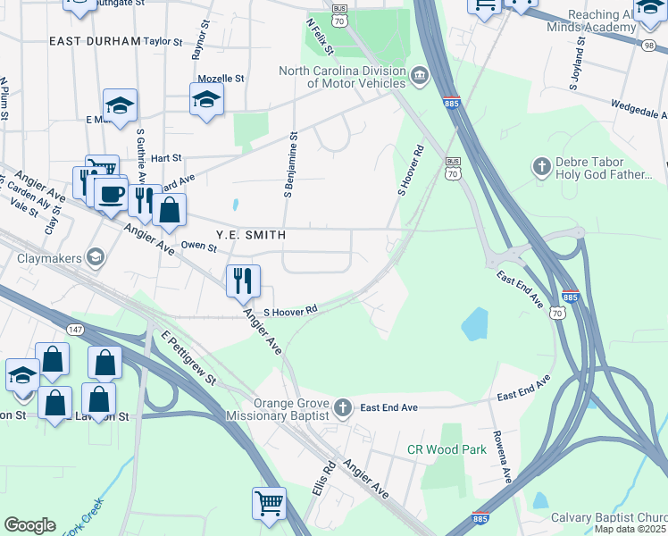 map of restaurants, bars, coffee shops, grocery stores, and more near 2737 Weldon Terrace in Durham