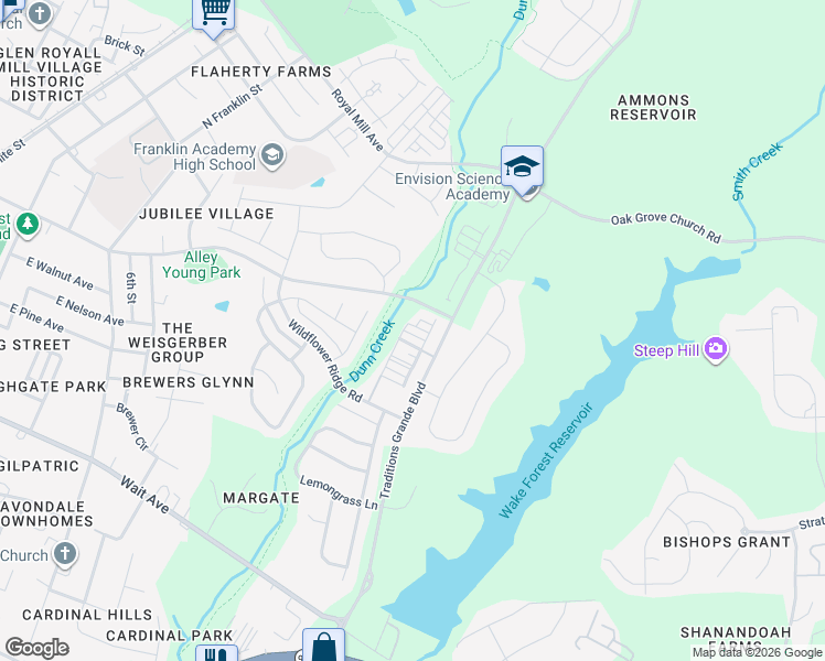 map of restaurants, bars, coffee shops, grocery stores, and more near 500 Oak Forest View Lane in Wake Forest