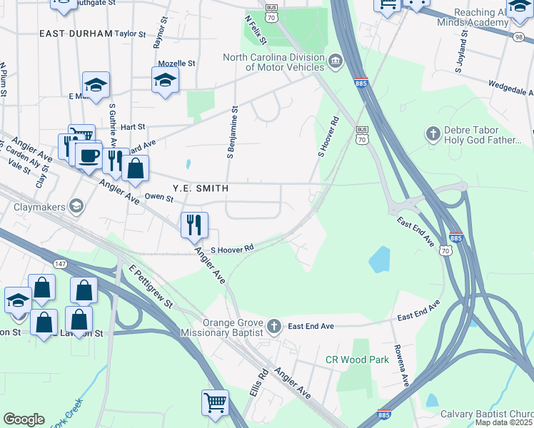 map of restaurants, bars, coffee shops, grocery stores, and more near 2737 Weldon Terrace in Durham