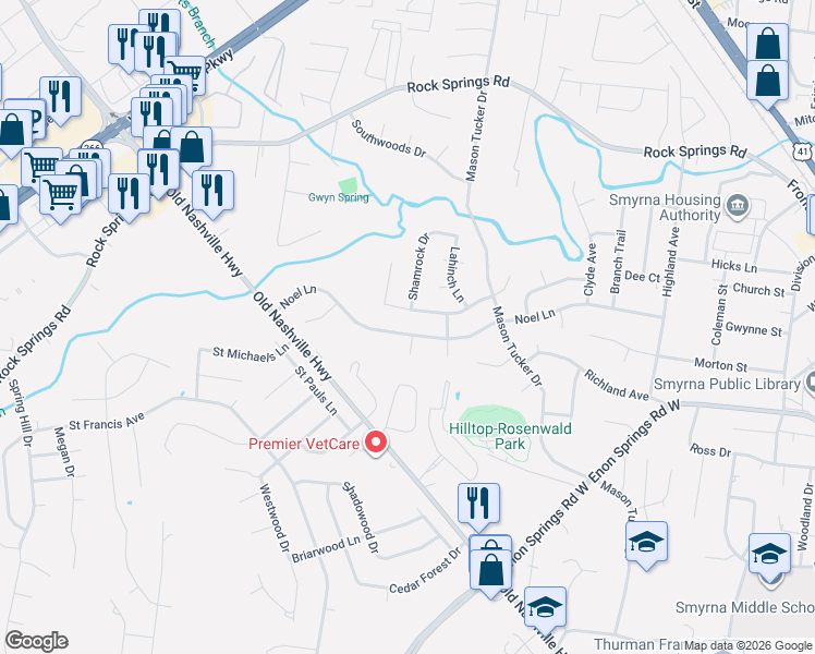map of restaurants, bars, coffee shops, grocery stores, and more near 225 Vernon Traylor Drive in Smyrna