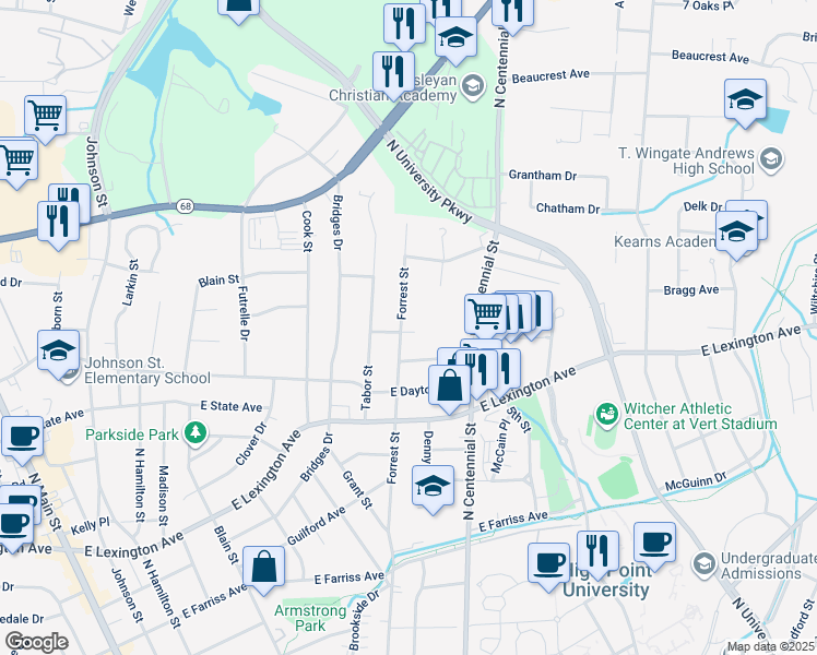 map of restaurants, bars, coffee shops, grocery stores, and more near 1300 Forrest Street in High Point