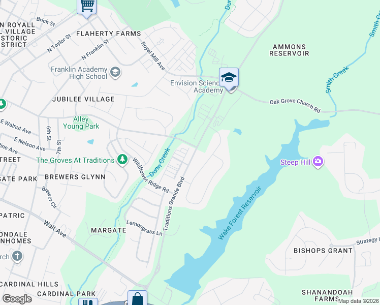 map of restaurants, bars, coffee shops, grocery stores, and more near 526 Retreat Lane in Wake Forest