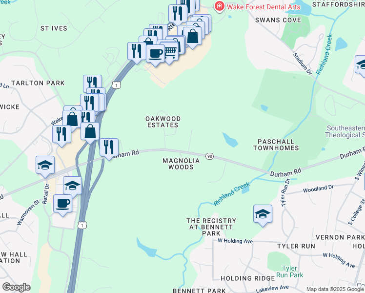 map of restaurants, bars, coffee shops, grocery stores, and more near 774 Durham Road in Wake Forest