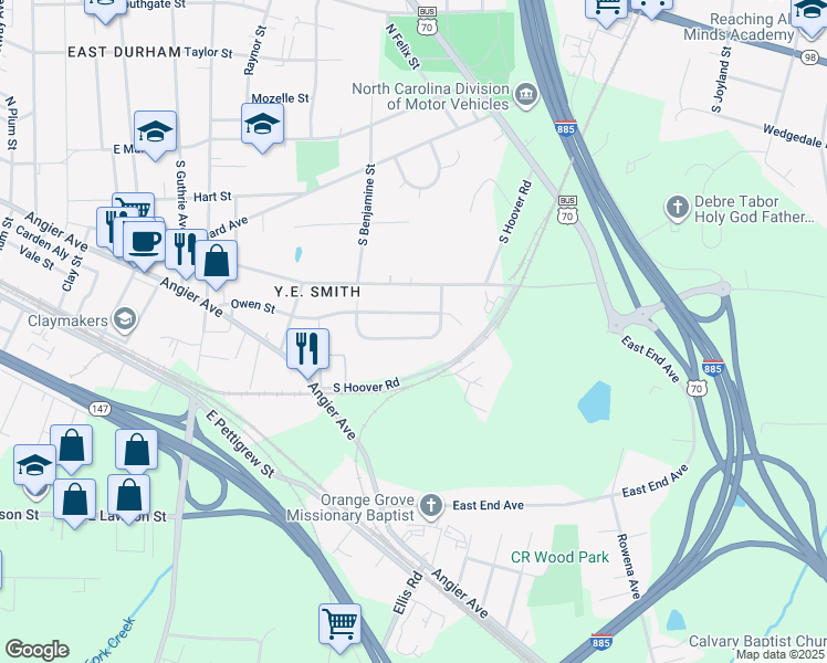 map of restaurants, bars, coffee shops, grocery stores, and more near 2735 Weldon Terrace in Durham
