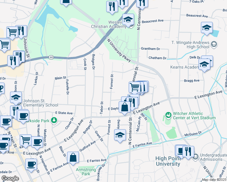 map of restaurants, bars, coffee shops, grocery stores, and more near 1300 Forrest Street in High Point