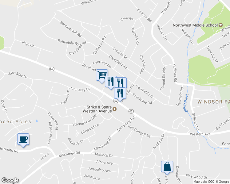 map of restaurants, bars, coffee shops, grocery stores, and more near 5753 Western Avenue in Knoxville