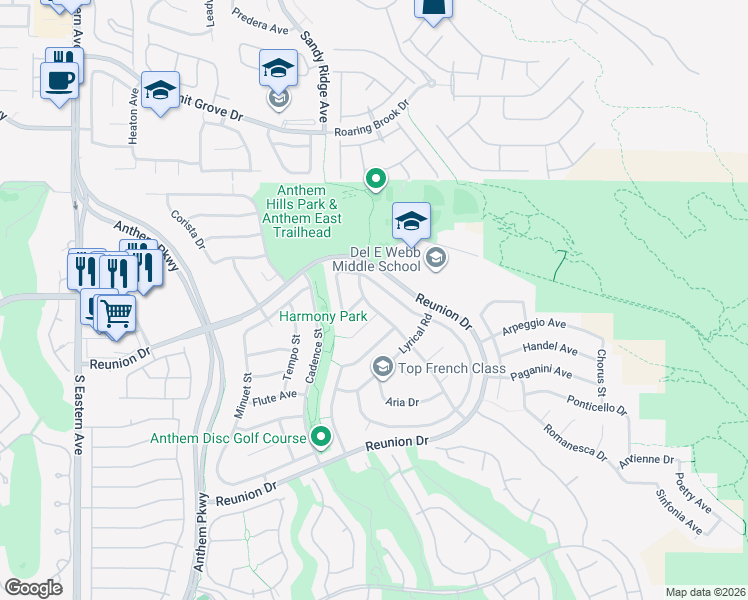 map of restaurants, bars, coffee shops, grocery stores, and more near 2306 Tedesca Drive in Henderson