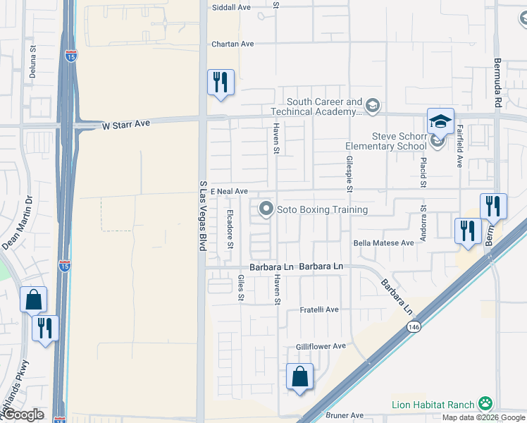 map of restaurants, bars, coffee shops, grocery stores, and more near 11524 Kindsland Street in Las Vegas