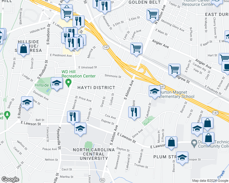 map of restaurants, bars, coffee shops, grocery stores, and more near 911 Grant Street in Durham