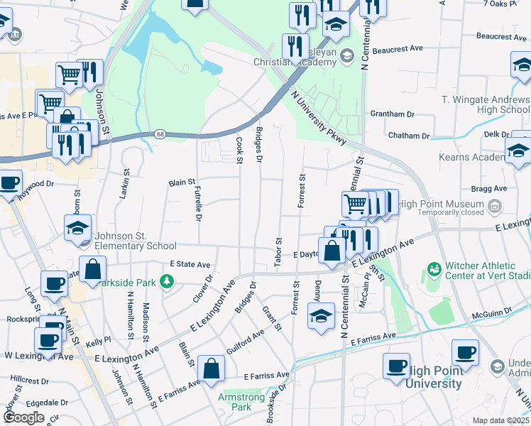map of restaurants, bars, coffee shops, grocery stores, and more near 1103 Bridges Drive in High Point