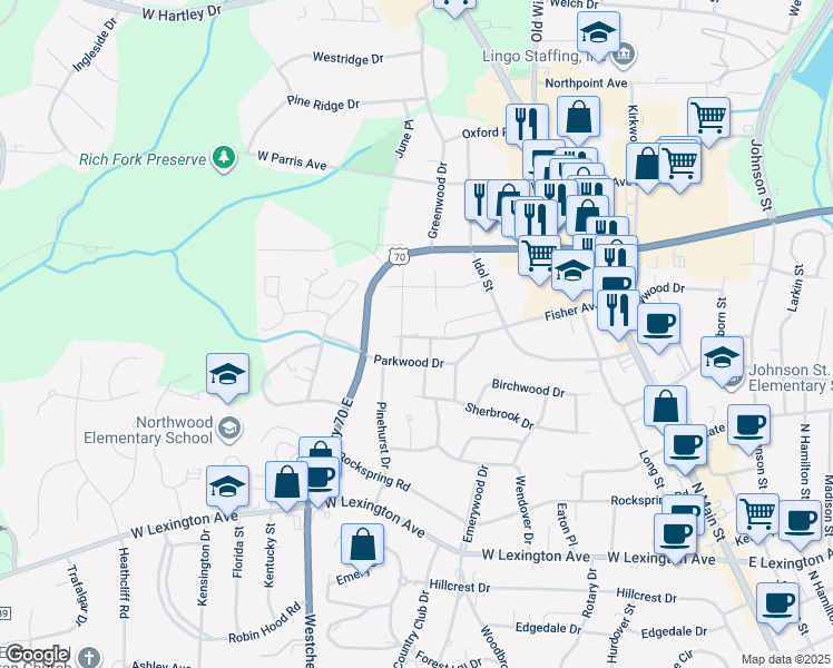 map of restaurants, bars, coffee shops, grocery stores, and more near 504 Fisher Avenue in High Point