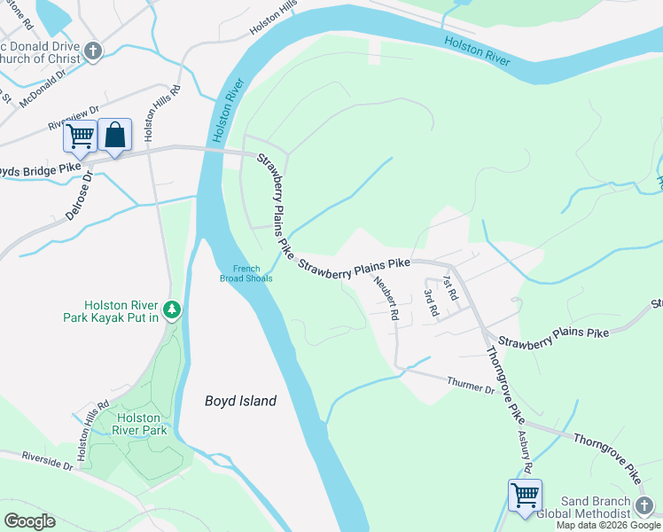 map of restaurants, bars, coffee shops, grocery stores, and more near 4405 Strawberry Plains Pike in Knoxville