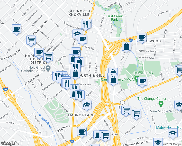 map of restaurants, bars, coffee shops, grocery stores, and more near 930 Luttrell Street in Knoxville
