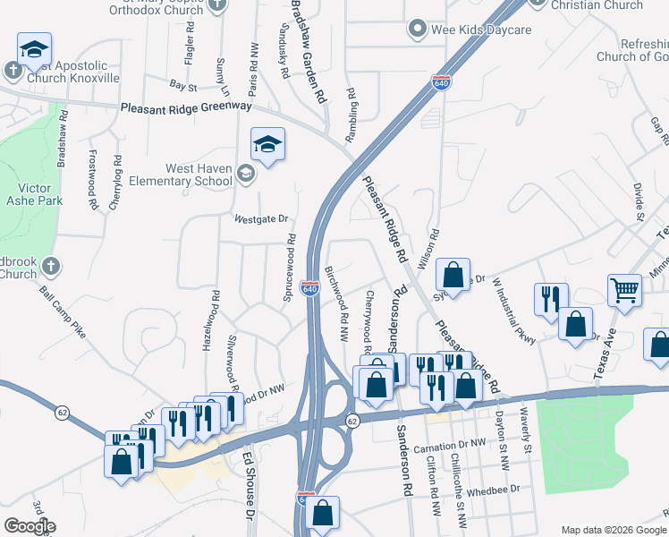 map of restaurants, bars, coffee shops, grocery stores, and more near 216 Birchwood Road Northwest in Knoxville