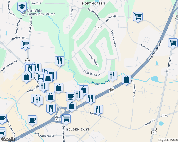 map of restaurants, bars, coffee shops, grocery stores, and more near 633 Short Spoon Circle in Rocky Mount