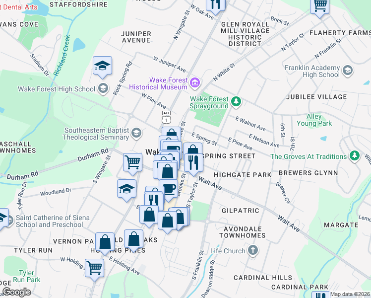 map of restaurants, bars, coffee shops, grocery stores, and more near 150 North White Street in Wake Forest