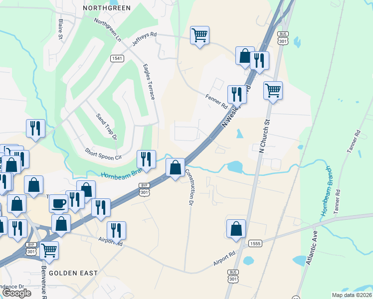 map of restaurants, bars, coffee shops, grocery stores, and more near 1520 North Wesleyan Boulevard in Rocky Mount