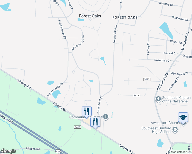 map of restaurants, bars, coffee shops, grocery stores, and more near 5106 Edinborough Road in Greensboro