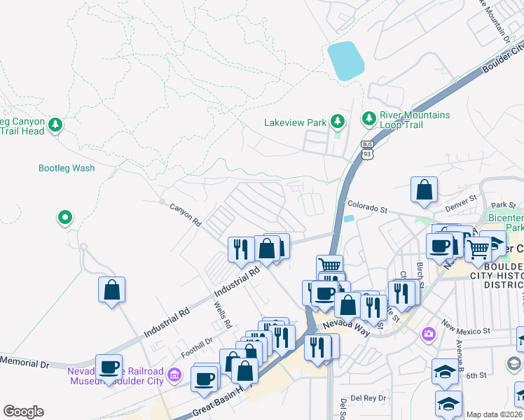 map of restaurants, bars, coffee shops, grocery stores, and more near 840 Canary Way in Boulder City