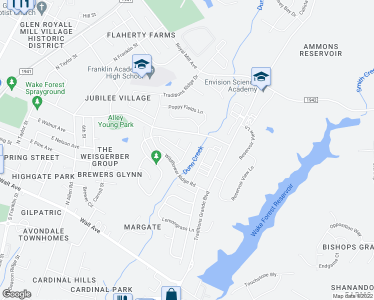 map of restaurants, bars, coffee shops, grocery stores, and more near 404 Nightingale Court in Wake Forest